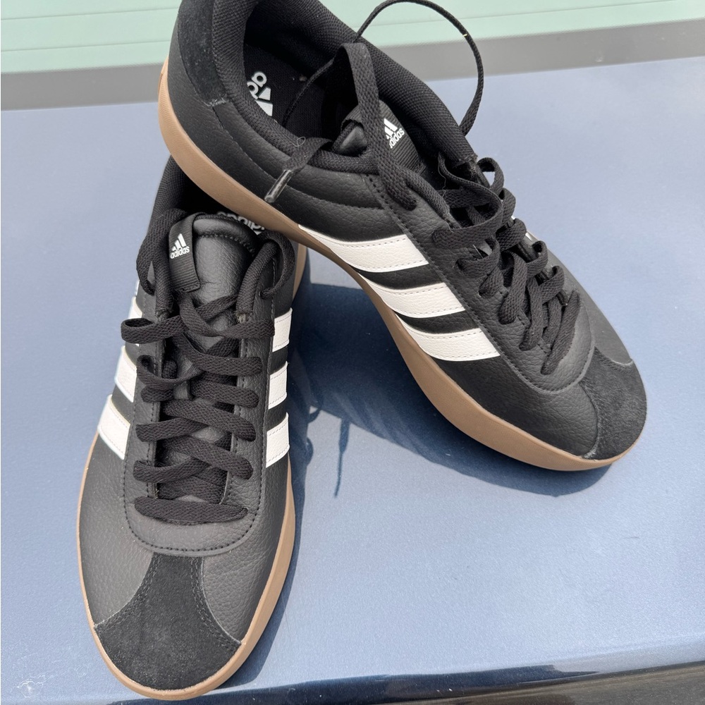 Adidas Men's Black and White Sneakers with Tan Sole